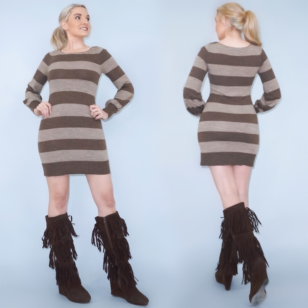 Neutral Color Stripe Dress with Long Sleeves
